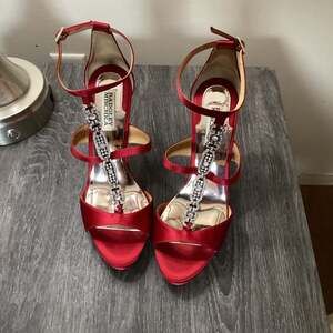 Badgley Mischka Red Satin Crystal Embellished Stiletto Heels Size 8